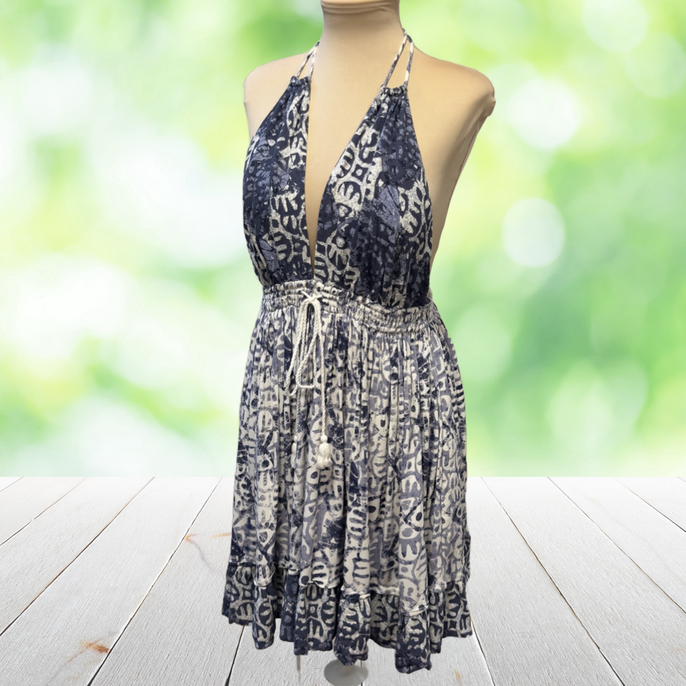 FREE PEOPLE Halter Mini Dress Backless Smocked Waist Pockets Boho Size L